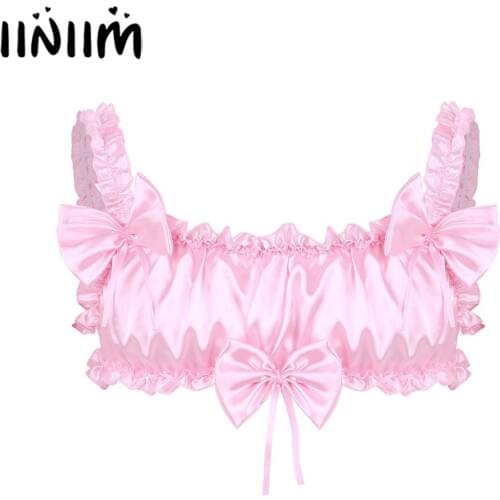 Mens Women Nightwear Sissy Lingerie Panties Smooth Satin Ruffled Frilly Elastic Wide Straps Backless Wire-free Honeymoon Bra Top