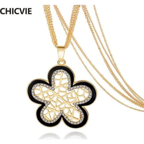 CHICVIE Retro Gold Color Flower Charm Necklaces & Pendants For Women Crystal Long Imitation Necklace Vintage Jewelry Sne160120