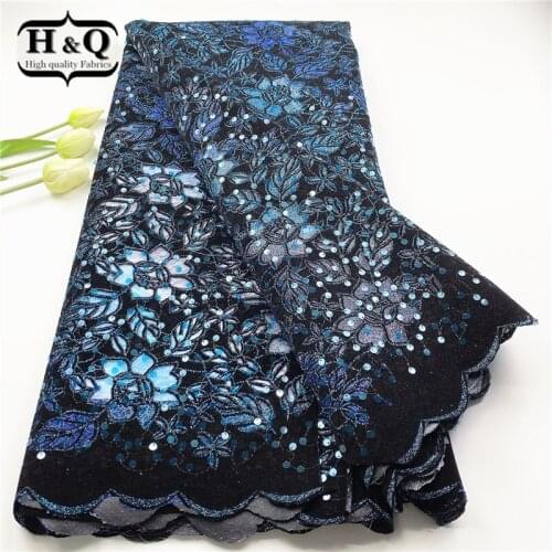 H&Q Embroidered Handcut Flocking Velvet Lace With Sequins Fabric 2021 High Quality Rocking Appliques 5 Yards African Lace Fabric