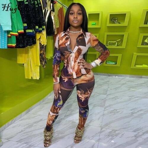 Hugcitar 2020 Vintage Print Long Sleeve Blouse Leggings 2 Piece Set Autumn Winter Women Fashion Streetwear Top Trousers Tracksui