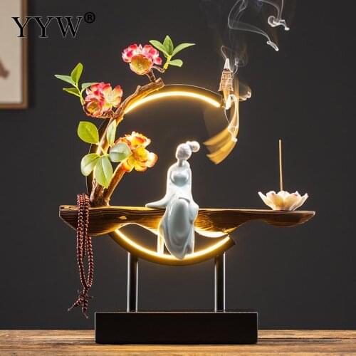 Ceramic Incense Burner Backflow Chinese Led Light Ring Bodhisattva Beads Porch Decorations Home Soft Decoration Zen Crafts Decor