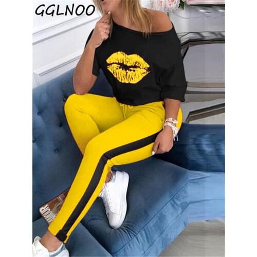 GGLNOO Women Lips Print Two Piece Set Off Shoulder Tee Top Pencil Jogger Sweatpants Suit Sporting Tracksuit Overalls GG23161