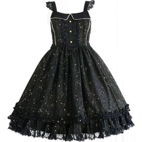 Summer Starry Sky Print Lolita jsk Darkness dress Vintage Gothic Princess Suspender Girls Lace Hem dresses