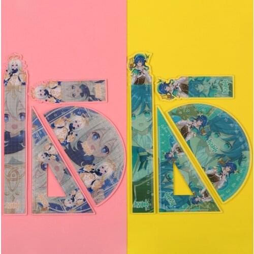 Genshin Impact Rulers Cartoon Anime Kinsen Xiao Paimon Student Triangular Ruler Set Protractor School Supplies Drafting Supply