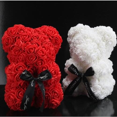 25CM White Rose Bear Artificial Flower Rose Teddy Bear For Valentines Birthday Christmas Gift