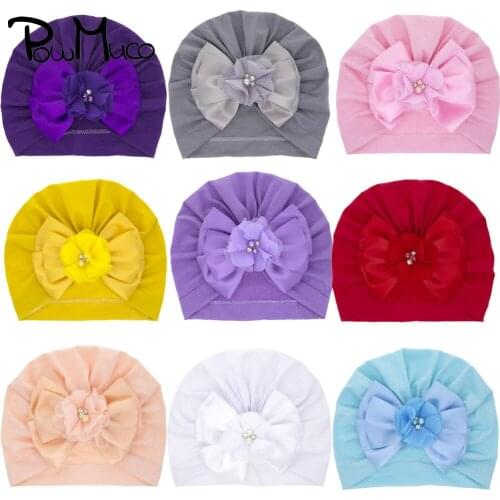 Powmuco Multilayer Solid Color Bowknot Baby Turban Hat Cute Handmade Flowers Infant Caps Fashion Bows Headwear Kids Accessories