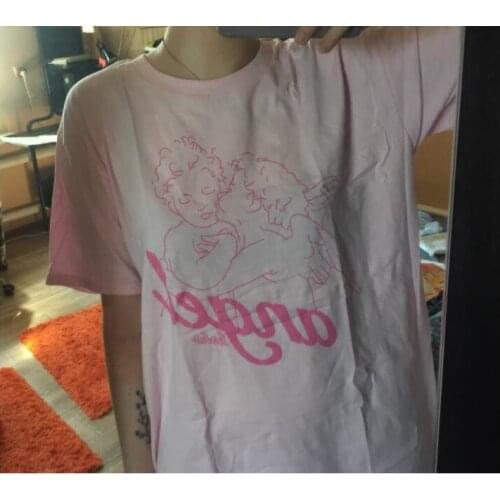 Fashion Kawaii Angel Printed Women t shirts 2021 Summer Short Sleeve Casual Clothing Pink White Cotton Girls Top Tees
