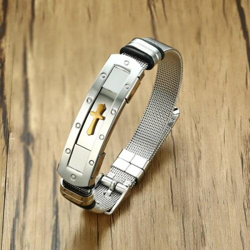 Modyle 12mm Mens Stainless Steel Mesh Belt Watch Band Cross Charm Christian Bracelet Adjustable Buckle Clasp