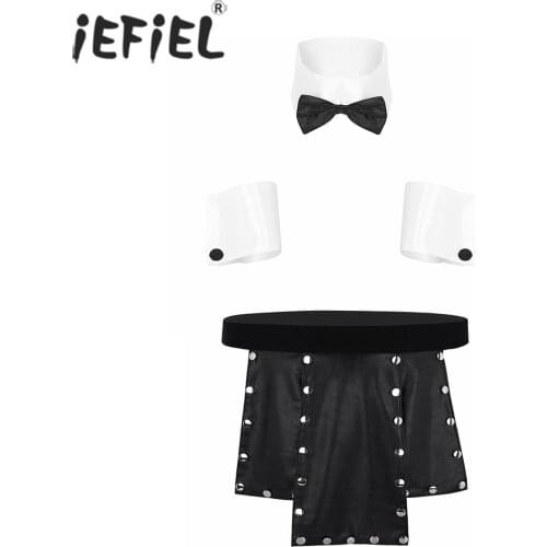 Men Roleplay Costume Pole Dance Outfits Bownot Collar Cuffs with Metal Studded Kilt Low Waist Split Skirt Sexy Lingerie Set