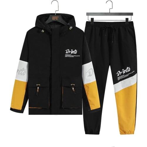 Mens Hooded Cargo Jacket Suit Men 2 Piece Set Men 2021 Spring Fashion Casual Jackets Patchwork Jogging Sweatpants Suits For Men