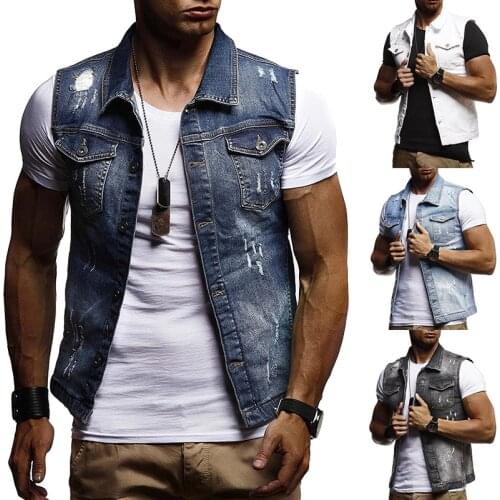 Mens Casual Denim Vest Jacket Hip Hop Jean Coats for Man Waistcoat Vintage Slim Fit Sleeveless Men Cowboy Jeans Vests