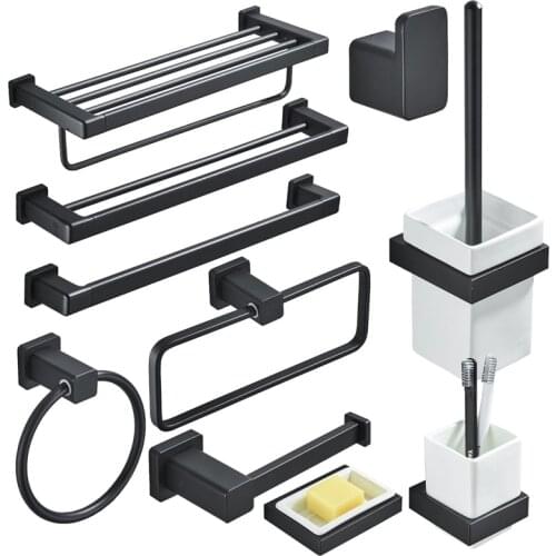 Black Matte Bathroom Accessories Set Space Aluminum Towel Paper Holder Shower Rack Toothbrushh Holder Netal Banyo Aksesuarlari