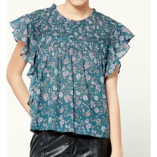 2021 Summer New Style Ruffle Print Round Neck Pullover Floral Loose Commuter Top