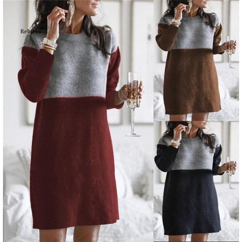 New Women Casual O-Neck Loose Patchwork Pullover Sweater Dress Fashion Elegant Female Autumn Winter Knit Dress