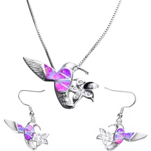 Cute Small Bird Flower Pendant Necklace With Earrings Blue Imitation Fire Opal Jewelry Set For Women Charm Wedding Lover Gift