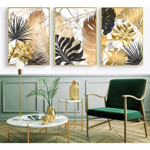 Nordic Plants Golden Watercolor Leaves Canvas Painting Cuadros Posters and Prints Wall Art Picture for Living Room Home Decor