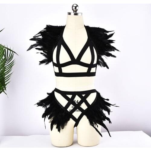 Black Feather Epaulet Shoulder Piece Body Harness Set Feather Harness Epaulets Edgy Fashion Shoulder Accessories Cosplay Garter