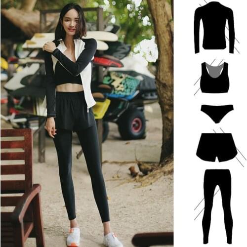 Womens Zip Front 5pcs Swimswear Rashguards Long Sleeve Full Body Surf Swim Dive Yoga Running Jogging Activewear Tracksuits