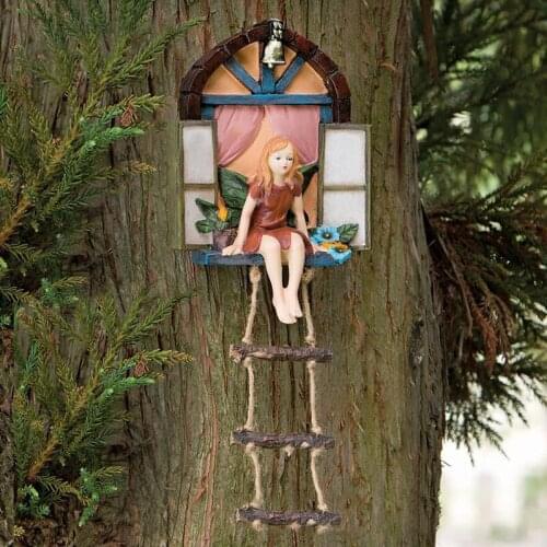 Garden Fairy Statue Ornament with Ladder Decor Resin Cartoon Hanging Decoration for Outdoor Elf Sitting on The Window