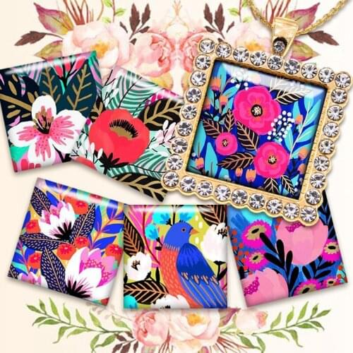 New Arrival Red Flower Bird Square Handmade Photo Glass Cabochons Glass Dome Cover Pendant Cameo Settings