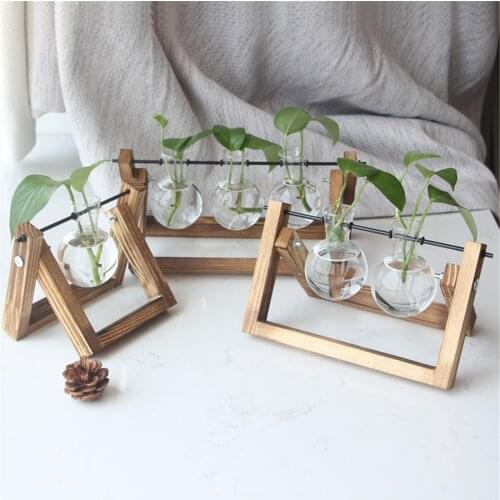 Terrarium Hydroponic Plant Vases Vintage Flower Pot Transparent Vase Wooden Frame Glass Tabletop Plant Home Bonsai Decor florero