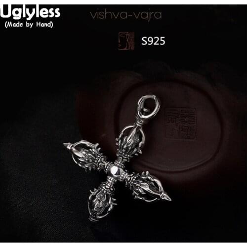 Uglyless Real 925 Sterling Thai Silver Cross Designer Vajra Pendants without Chain Men Buddhism Implement Jewelry Tibetan Bijoux