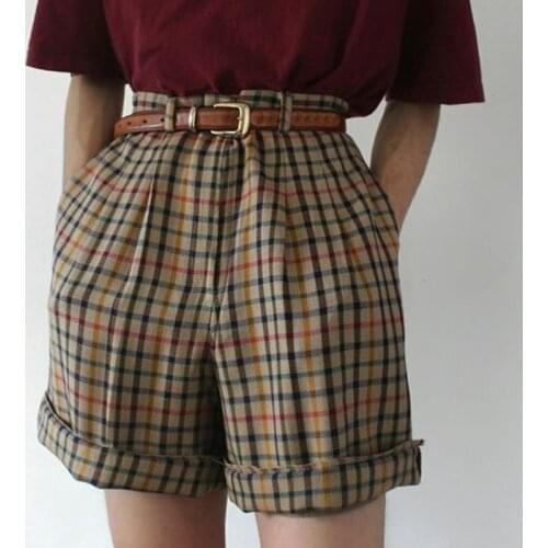 Vintage Plaid Lattice Shorts for Women Casual High Waisted Wide Leg Short Femme Summer 2021 Harajuku Bottoms Streetwear Shorts