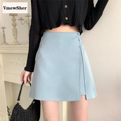VmewSher New Summer Irregular Women Skirts Short Side Buttons Split Hem Lady Elegant A-line Solid Mini Skirts Fashion Streetwear