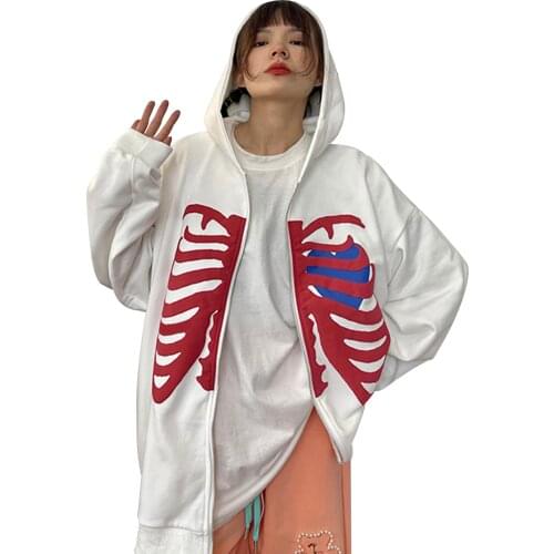 Zip-up Y2K Harajuku Loose Skull Print Goth Hoodies Women Grunge Hooded Coat Solid Color Retro Clothes Skull Sweatshirt Women