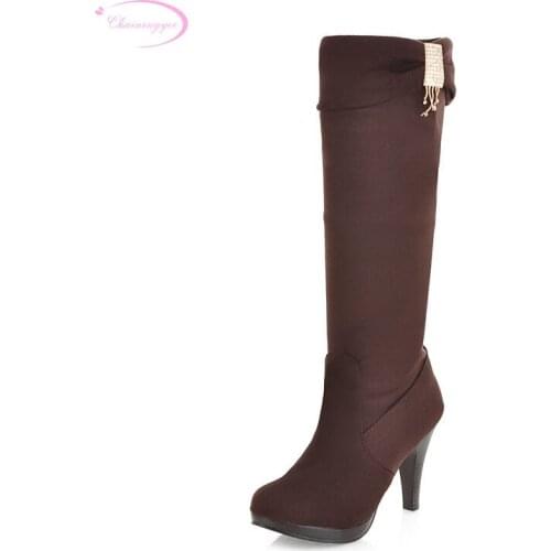 Chainingyee knight comfortable round toe knee high boots diamond metal decoration brown black high-heeled lady riding boots