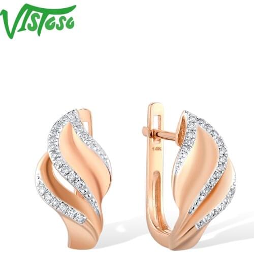 VISTOSO 14K 585 Rose Gold Earrings For Lady Glamorous Elegant Sparkling Diamond Leaf Earrings Wedding Engagement Fine Jewelry