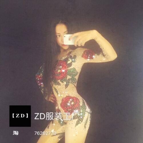 Women Full Rhinestone Red Rose Skinny Sexy Jumpsuit Nightclub Bar Female Singer Costume Party Celebration Birthday Dance Costume