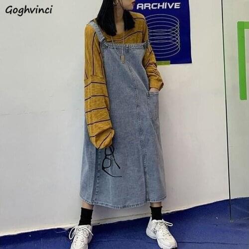 Women Sleeveless Denim Dress Mid-calf Length Solid Loose Pockets Casual All-match Korean College Style Fashion Ulzzang Teens INS