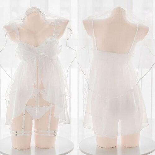 Women Pure white Hanayome Sexy Wedding dress Underwear set Chiffon lovely Lace Young girl pajamas veil Panties Garter belt New