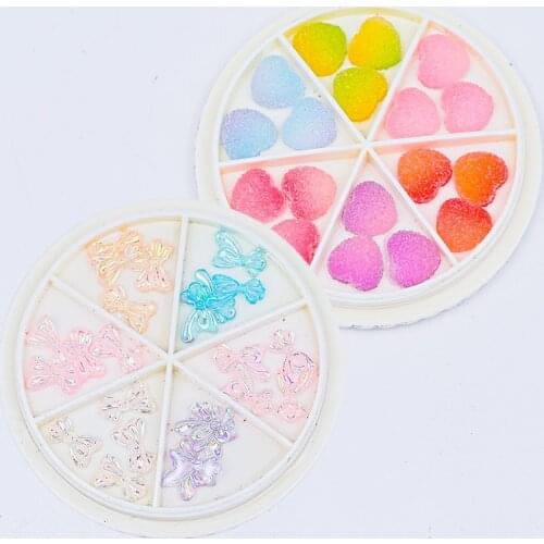 1 Wheel 6 Grids Flowers/Bear/Bowtie Resin Charms Rhinestones 3D Tips Glitter For Nail Art Decoration Manicure Colorful Charms