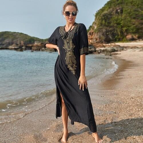 2020 Indie Folk Lace Up V-Neck Batwing Sleeve Summer Beach Dress Tunic Women Beachwear kaftan Maxi Dress Robe Sarong N775