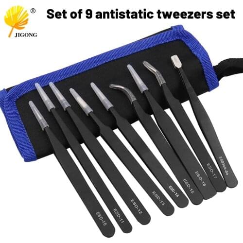 9pcs ESD Stainless Steel Antistatic Tweezers Maintenance Tools Straight Curved Tweezers Industrial Precision Repair Tools