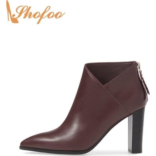 Burgundy Ankle Boots High Block Heels Pointed Toe Woman Back Zipper Large Size 14 16 Ladies Fashion Sexy Booties Shoes Shofoo