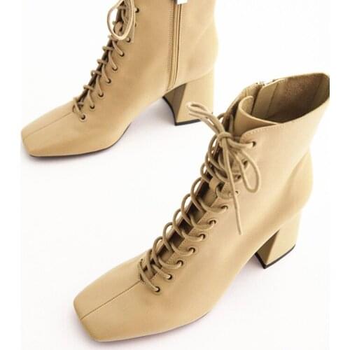 White Ankle Boots Rock Shoes Woman Lace Up Leather Booties Boots-women Low Ladies 2021 High Heel Microfiber Lace-Up Cross-tied