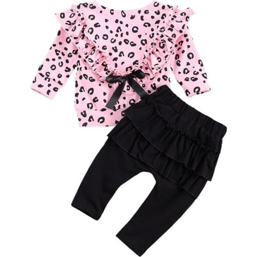 Baby Girls Two Piece Cotton Sets Long Sleeve O Neck Leopard Print Bow Top Ruffle Solid Pants Infant Toddler Outfits 0-3Y