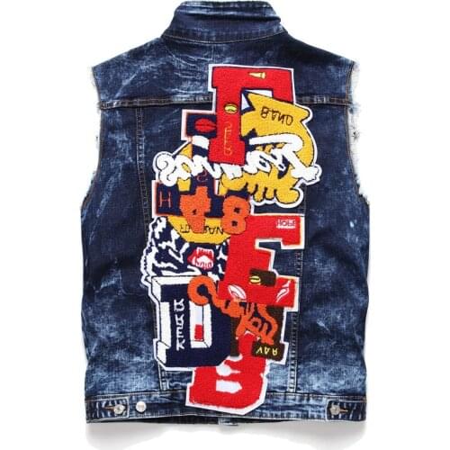 Hip Hop Streetwear Mens Slim Fit Embroidery Denim Jacket Vest Individuality Flag Badge Patch Punk Motorcycle Cowboy Waistcoat