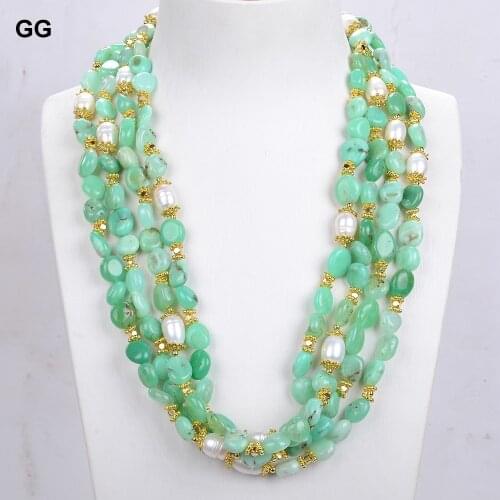 GuaiGuai Jewelry Natural 4 Strands Green Chrysoprase Cultured White Rice Pearl Necklace 20"