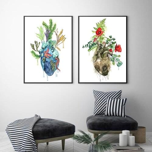 Human Heart Print Anatomy Canvas Painting Medicine Anatomical Poster Vintage Print Watercolor Flower Ocean Pictures Clinic Decor