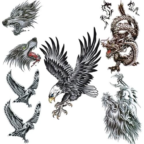 Black Eagle Fake Temporary Tattoo For Men Women Lion Wolf Tattoos Realistic Dragons Body Art Arm Hands Faucet Waterproof Tatoos