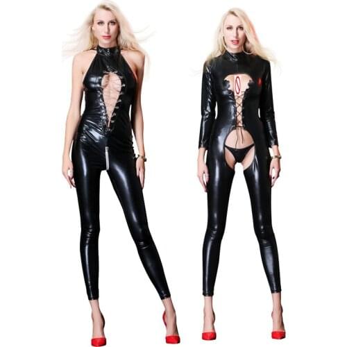Sexy Lady PVC Leather Jumpsuit Deep V Backless Zipper Crotch Open Midnight Nightclub Lead Dance Rompersuit Fancy Party Dress
