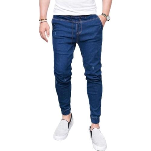 Hot selling mens jeans lace up closed leg elastic jeans men