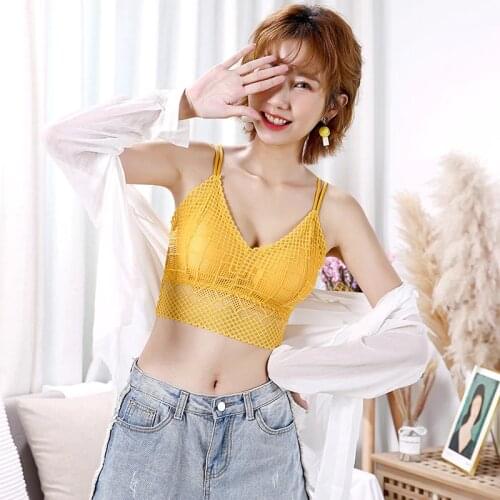 Wire Free Underwear Sexy Sweet Hollow Lace Trim Sling V-neck Vest Solid Color Tube Top Fitness Sports Camisole