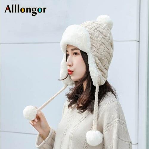 New Winter 2020 Ushanka Sovietica Knit Snow Hat women Russian Bomber Hats aviador Faux rabbit Fur Pompom sombrero gorro ruso