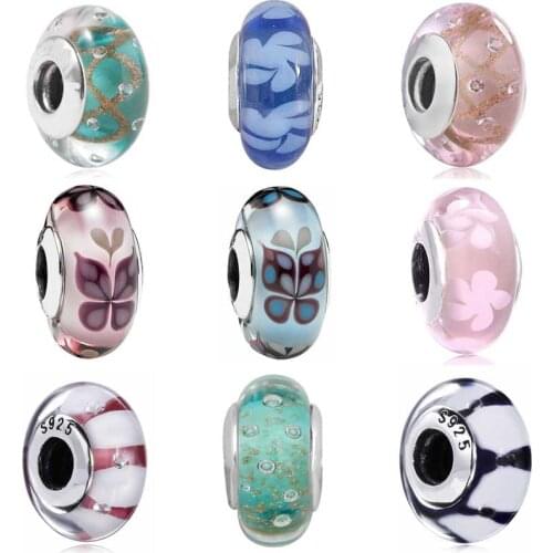 Original Mint Glitter & Pink With Gold Sparkle Murano Glass Charms Fit Pandora Bracelet 925 Sterling Silver Glass Bead Jewelry