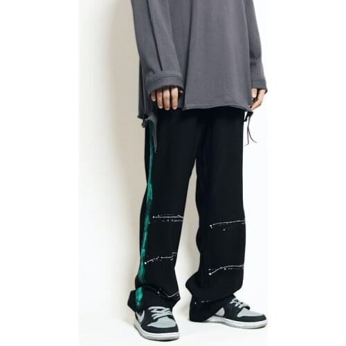 Original Side Strip Painted Ripped Jeans Pants Mens High Street Straight Washed Loose Casual Denim Trousers